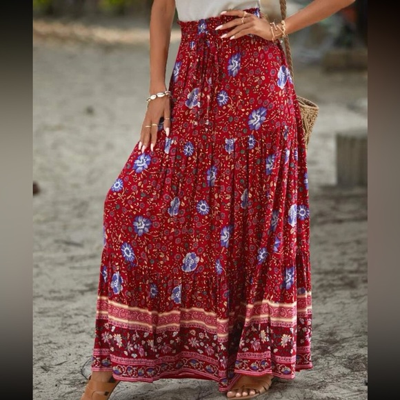Amadi Maxi Skirt in Red with Pink Boho Print